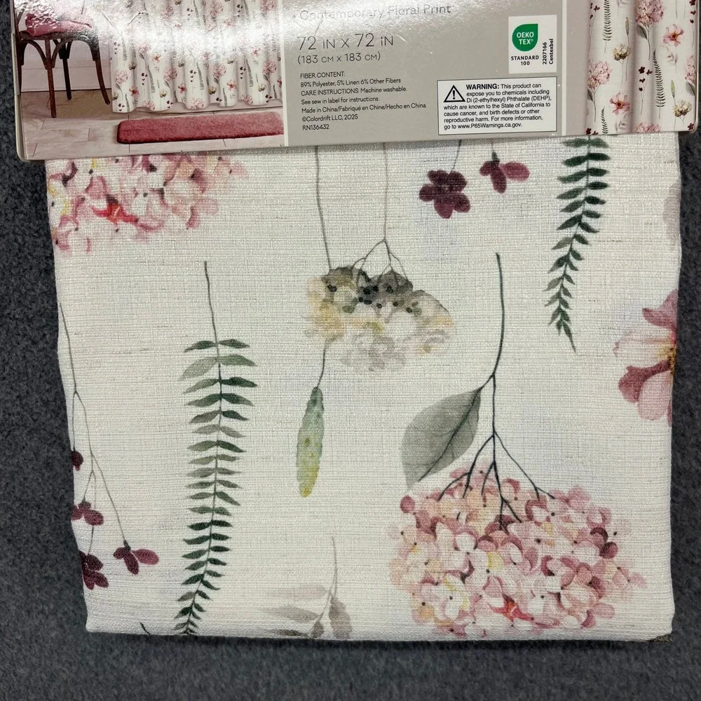 Colordrift Shower Curtain 72x72 Pink Floral Linen Blend Lush Botanical NEW